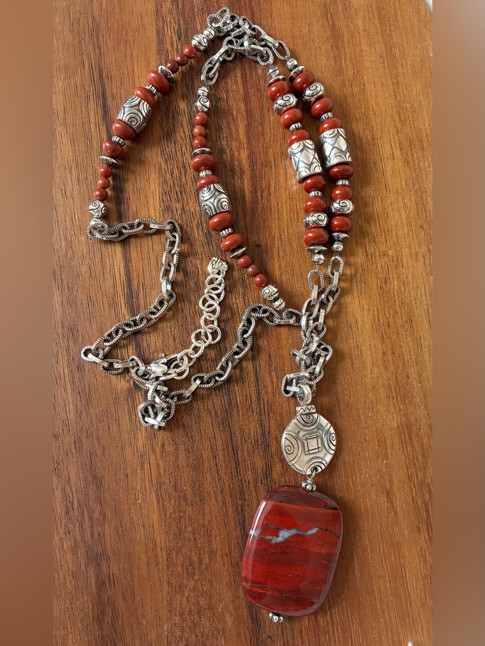 Brighton Bold Long Statement Red Jasper and Silver-Tone Beaded Necklace